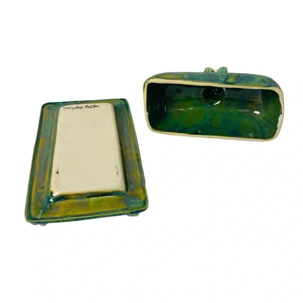 Handmade Ceramic Butter Dish W/ Whimsical Bird And Flower Motif Lid Signed